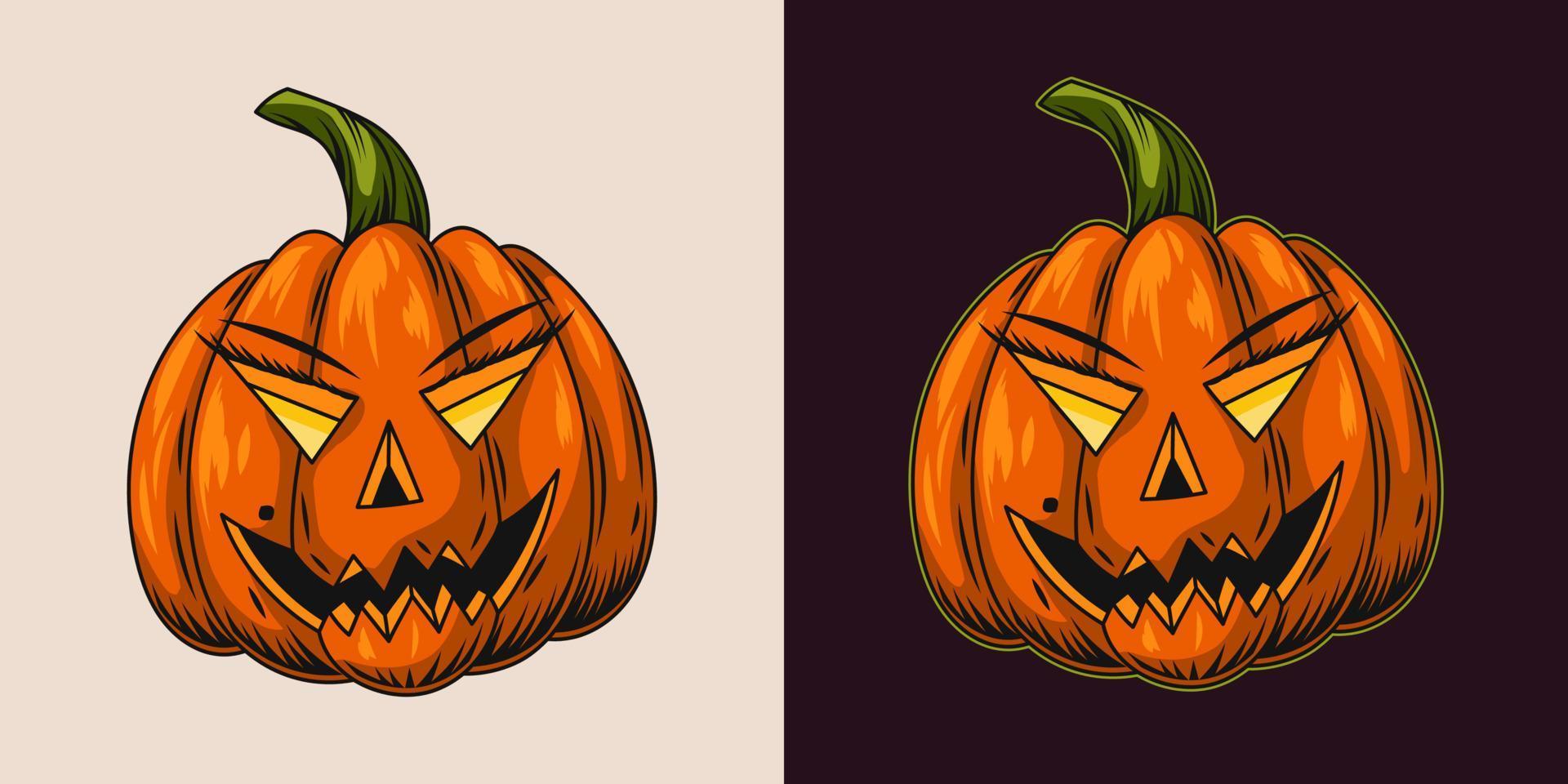 calabaza de halloween con ojos brillantes y sonrisa sonriente, mueca aterradora. estilización para rostro femenino con pestañas, cejas. ilustración vectorial aislada en un fondo blanco y negro.2 vector