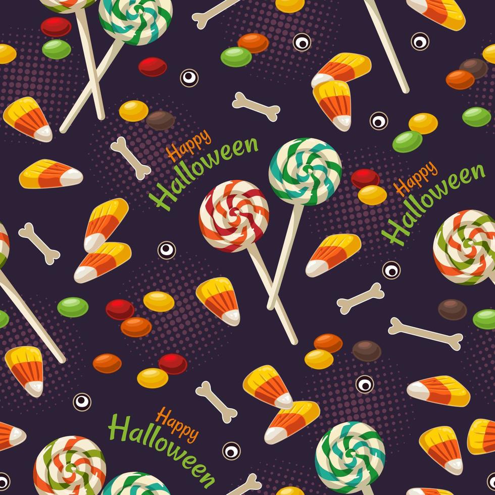Seamless halloween pattern with bones, eyes, halloween sweets, hard candy, bonbon, lollipop, candy corn, text Happy Halloween. Textured dark violet background with round halftone shapes. vector