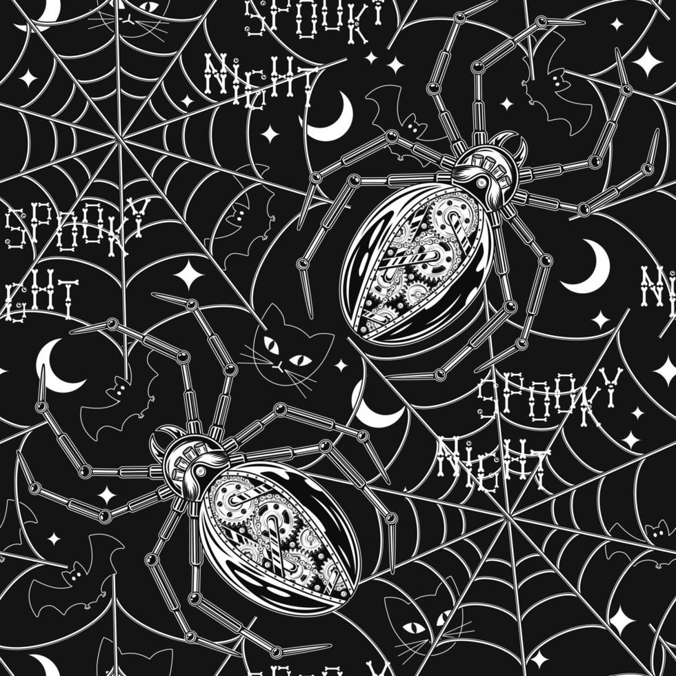 Monochrome seamless halloween pattern with metallic robot spider, spider web, silhouette of cat, bat, crescent, stars. Creative fantasy concept vector