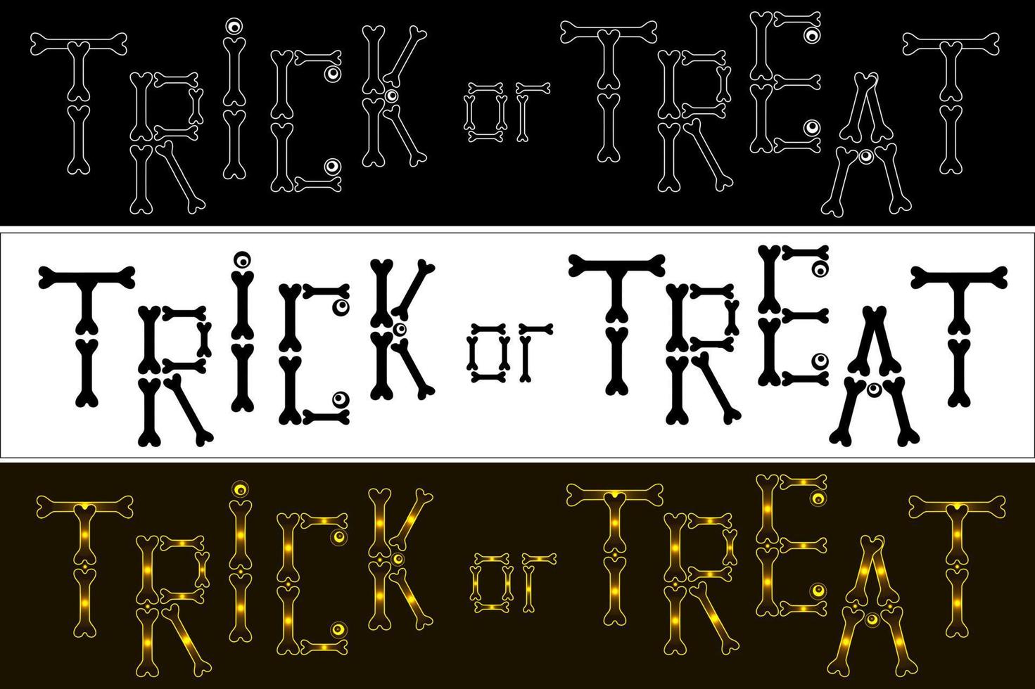 Set of 3 inscriptions Trick or Treats of bone letters for Halloween holiday. Glowing yellow, black silhouette, white contour letters. Vector. vector