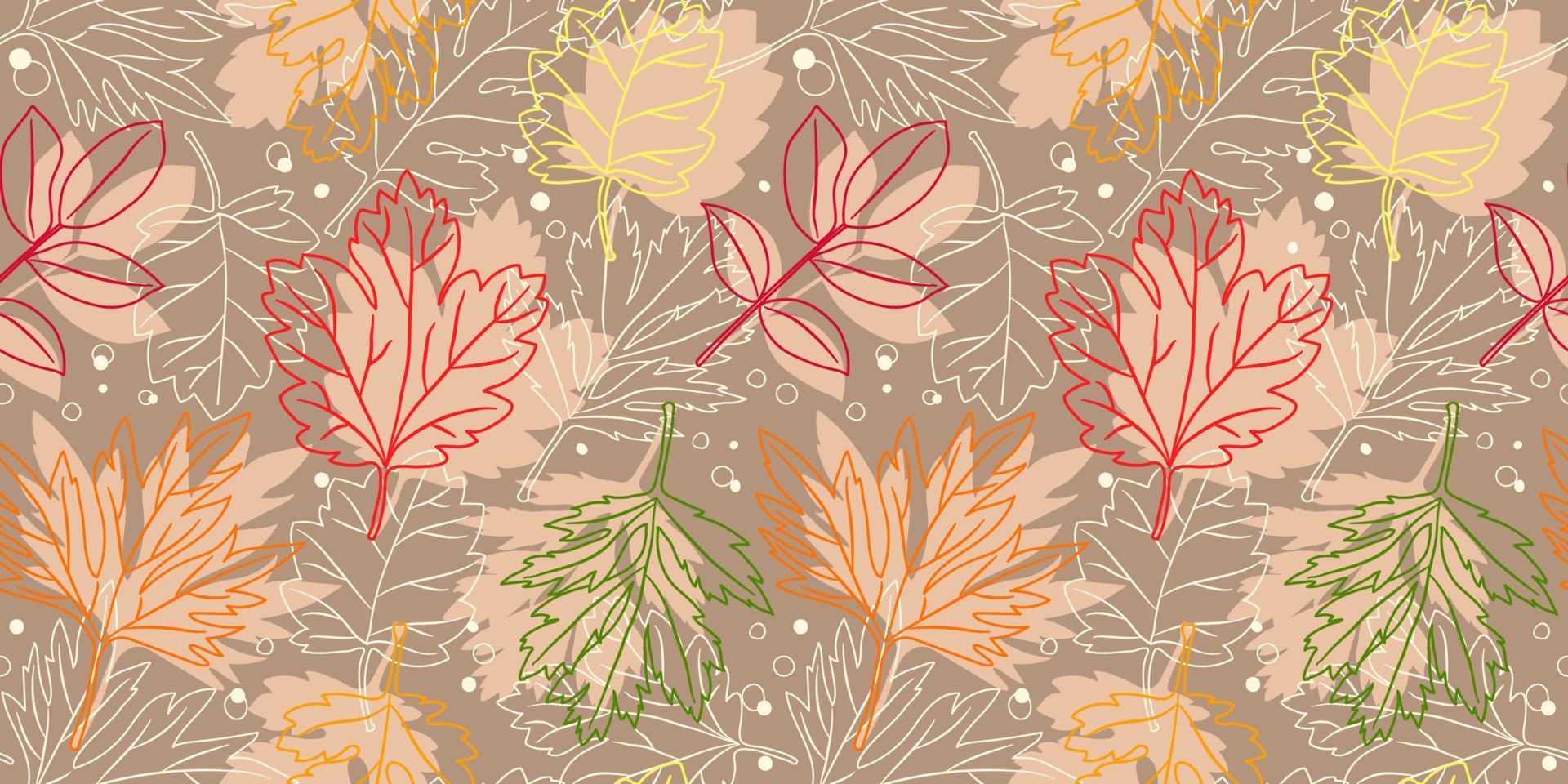 Seamless pattern with contour and silhouettes of autumn leaves on dark beige background. Stylish background, textile, wrap design vector