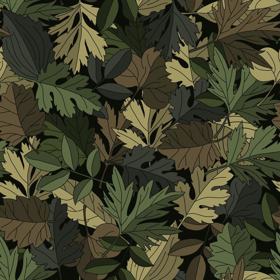 Camouflage seamless pattern with green, brown leaves of deciduous trees. For masking fabric, clothing etc. Vector