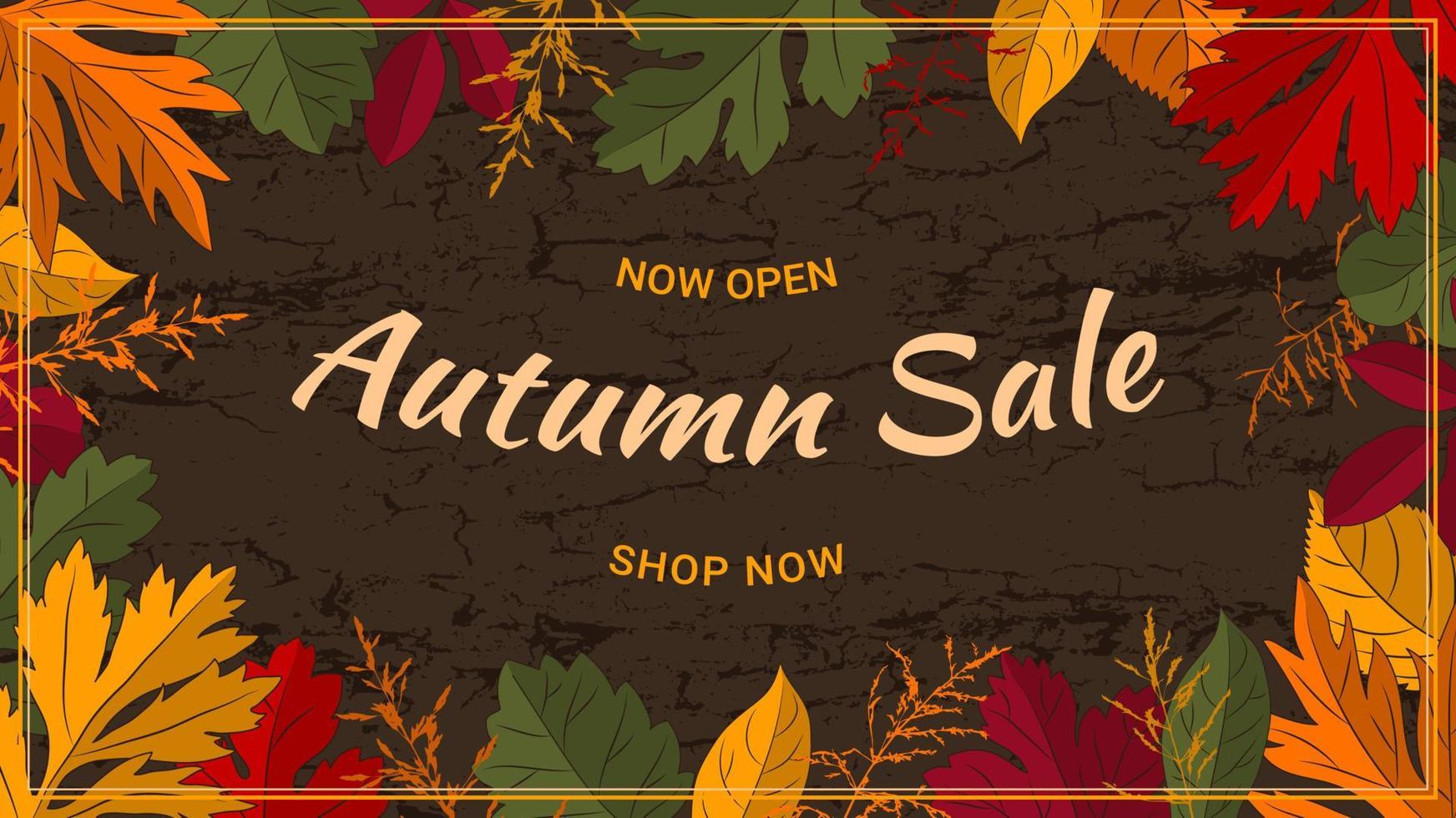 Autumn sale background with leaves for shopping sale, promo poster, flyer, web banner. Colorful leaves, grass on dark brown bark wood texture. Horizontal composition. Vector illustration.