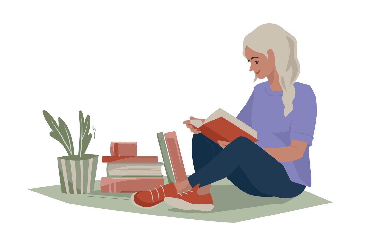 A girl with books sits on the floor. Banner on the book theme. Vector image.