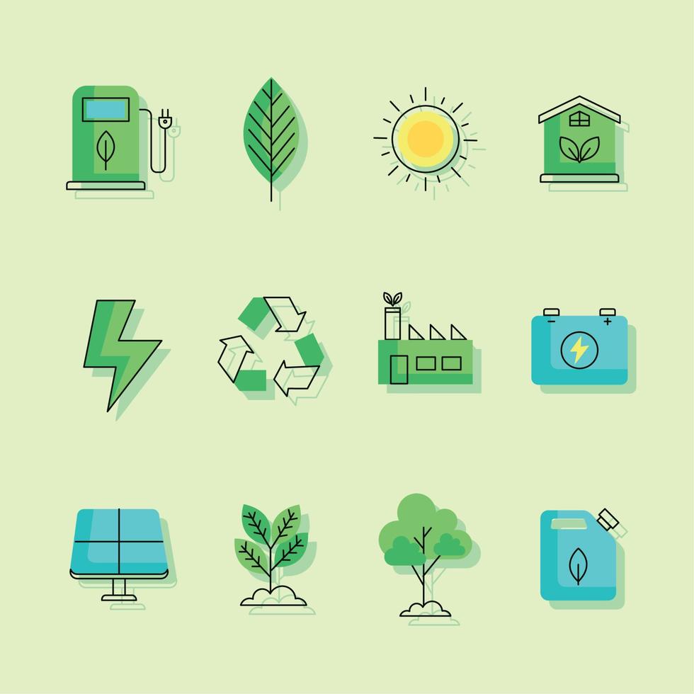 twelve eco energy icons vector