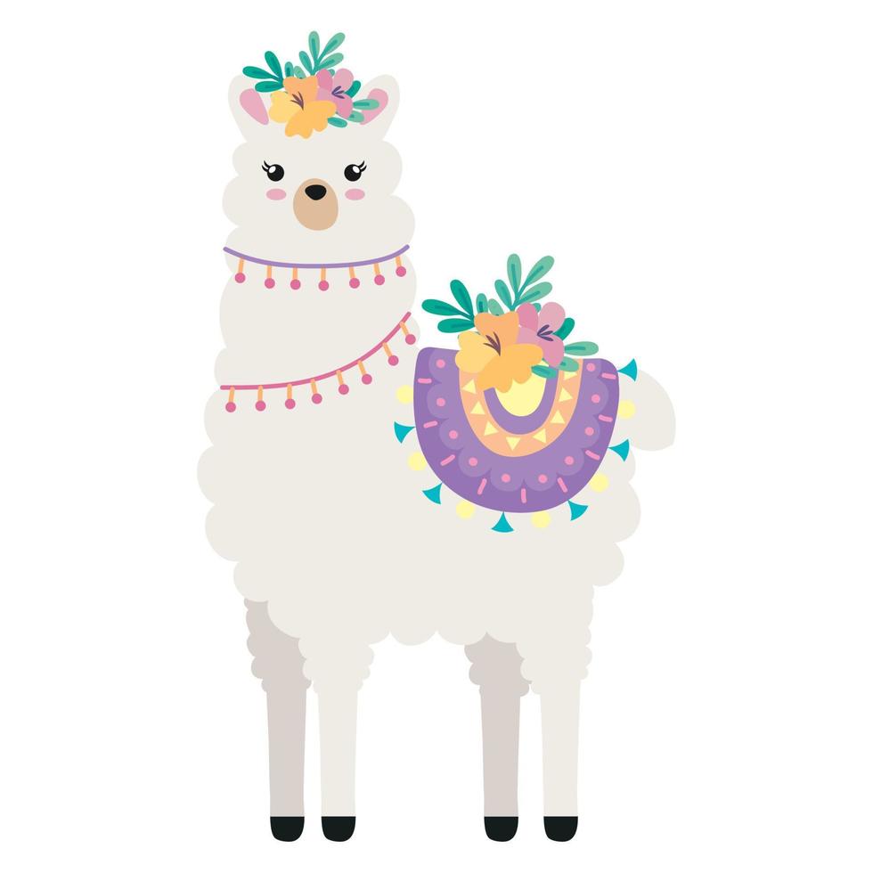 cute llama with flowers vector