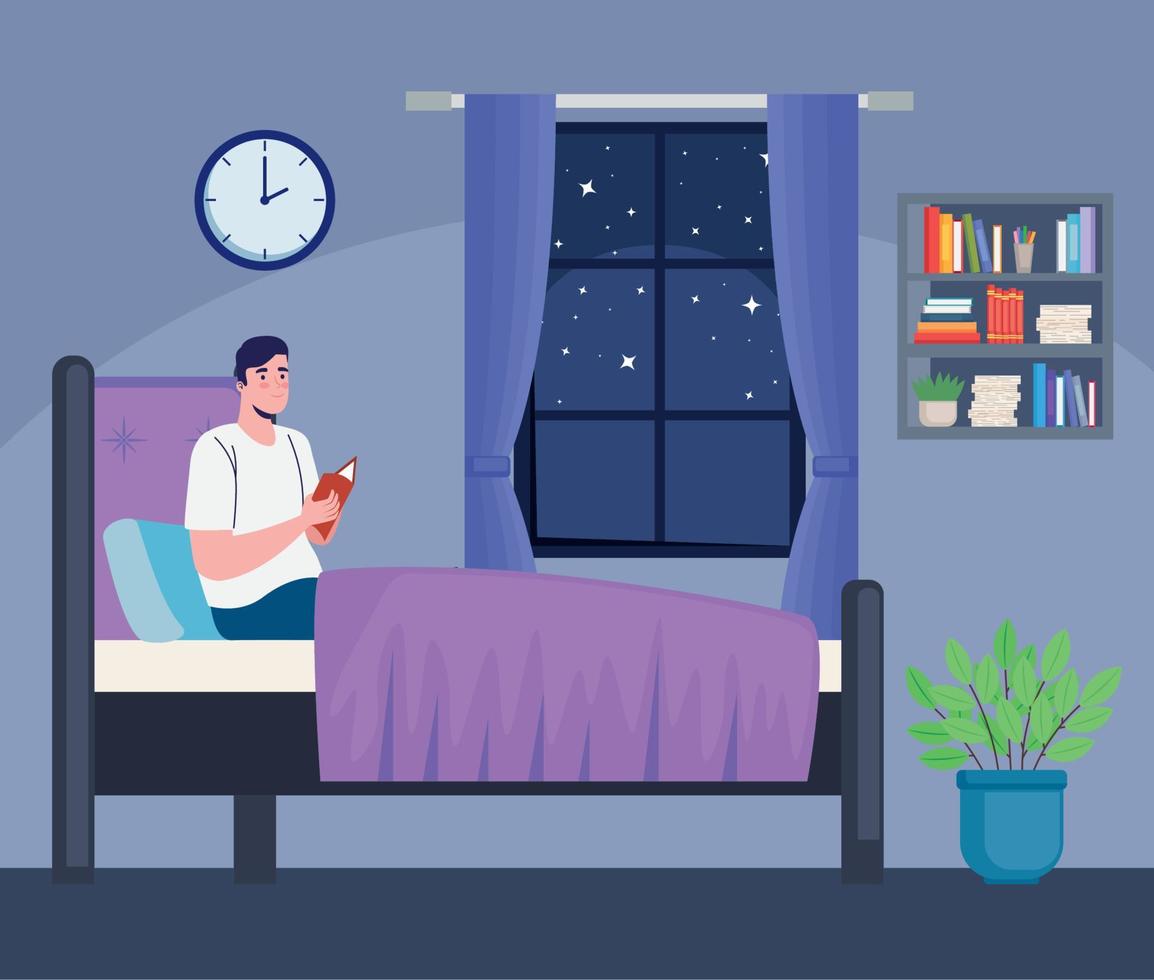 man reading book in bedroom vector