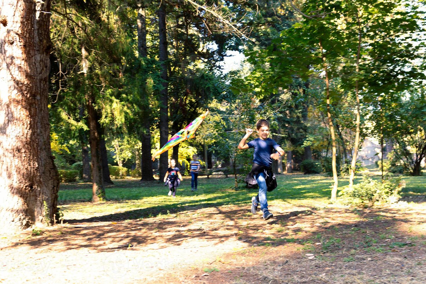 Carefree kids flying a kite and having fun in nature. photo