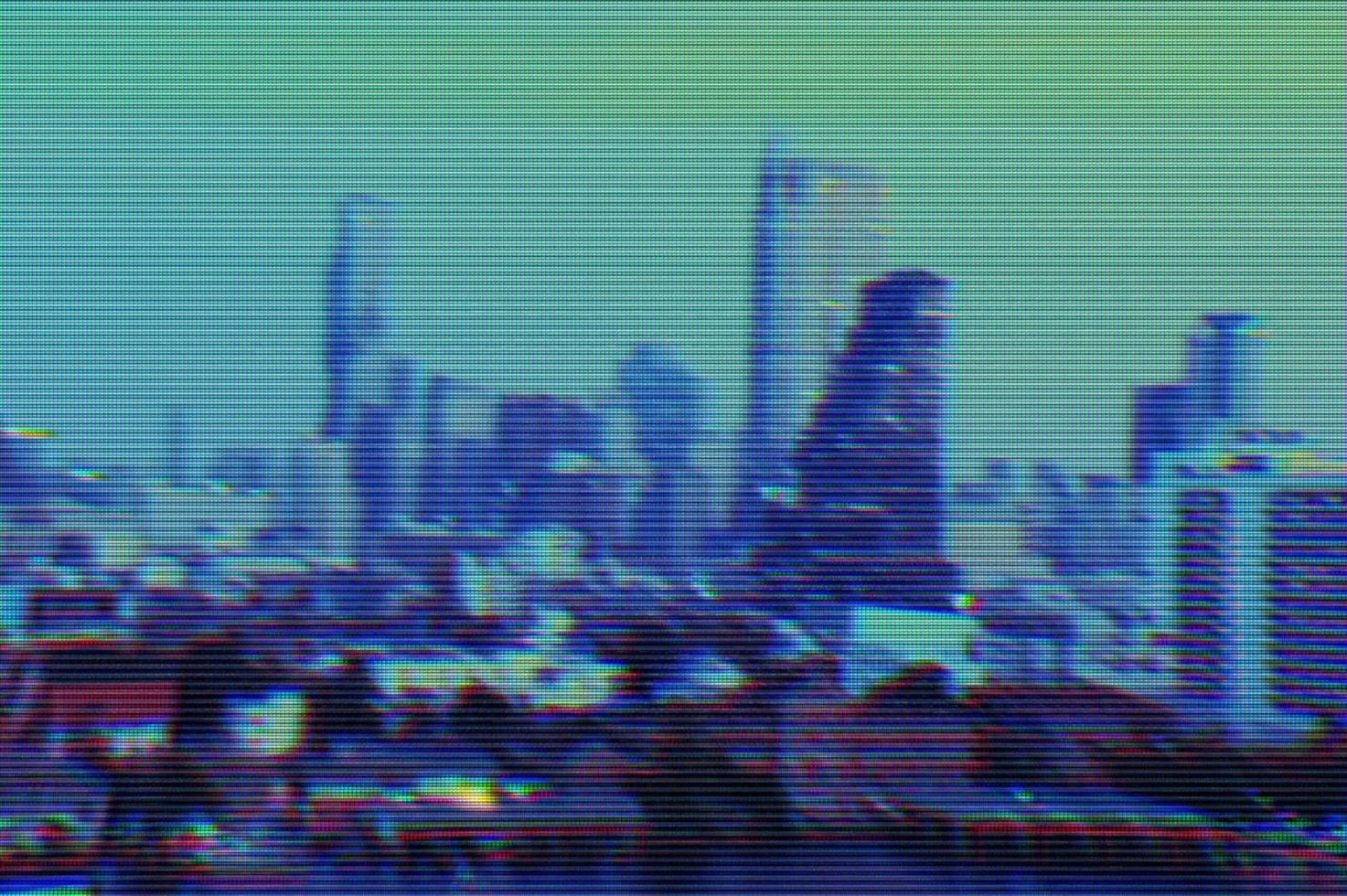 View of modern buildings and cityscape background with digital glitch effect photo