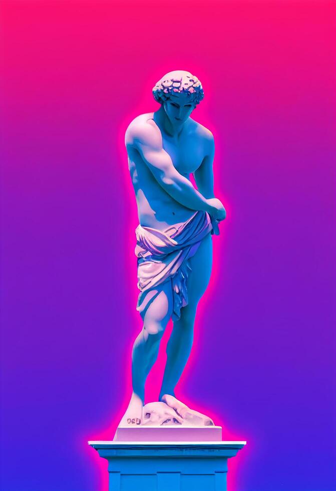 Abstract greek god sculpture in retrowave city pop design, vaporwave style colors, 3d rendering photo