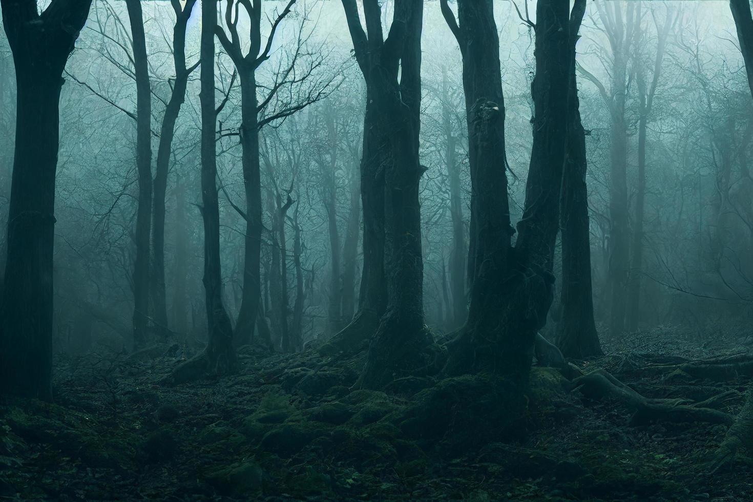 Landscape of haunted mist forest dark background, creepy and scary concept, 3d rendering photo