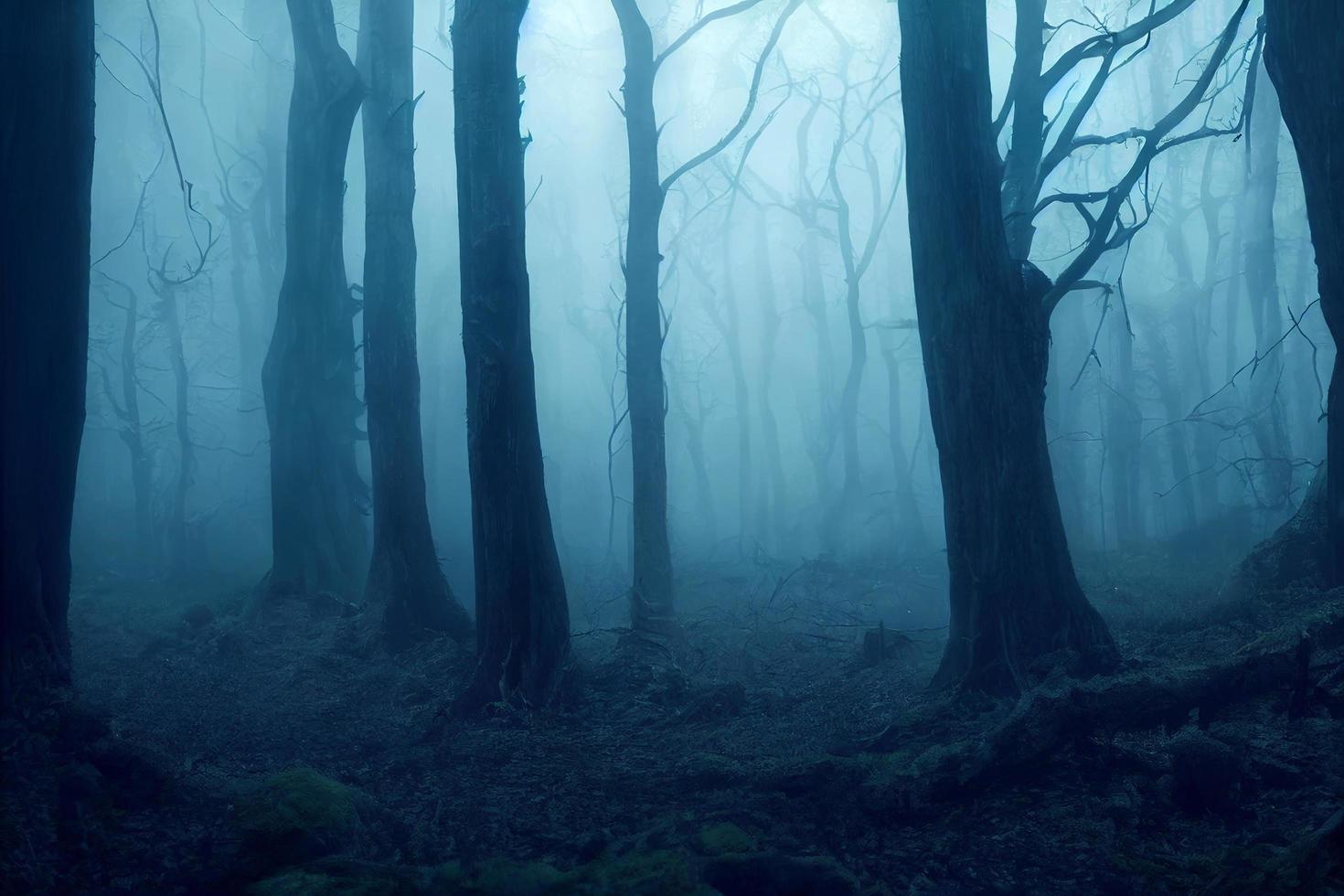 paisaje de fondo oscuro del bosque de niebla embrujada, concepto espeluznante y aterrador, representación 3d foto