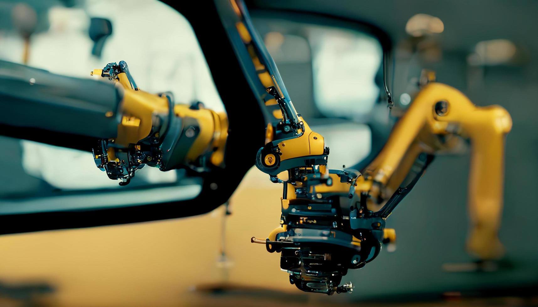 Industrial machine robotic arm automation in car and vehicle factory background, technology concept, digital art illustration photo