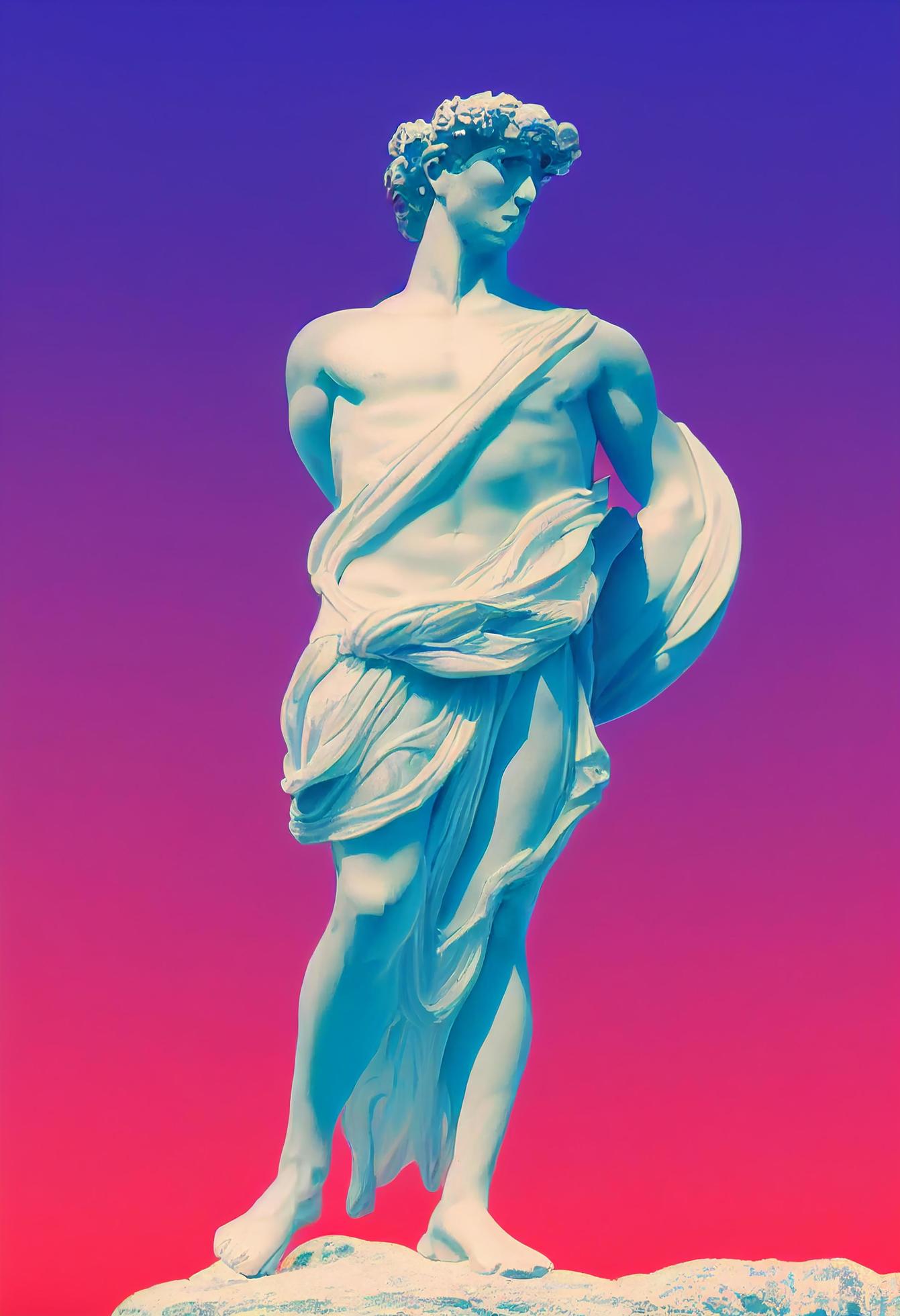 Abstract greek god sculpture in retrowave city pop design, vaporwave
