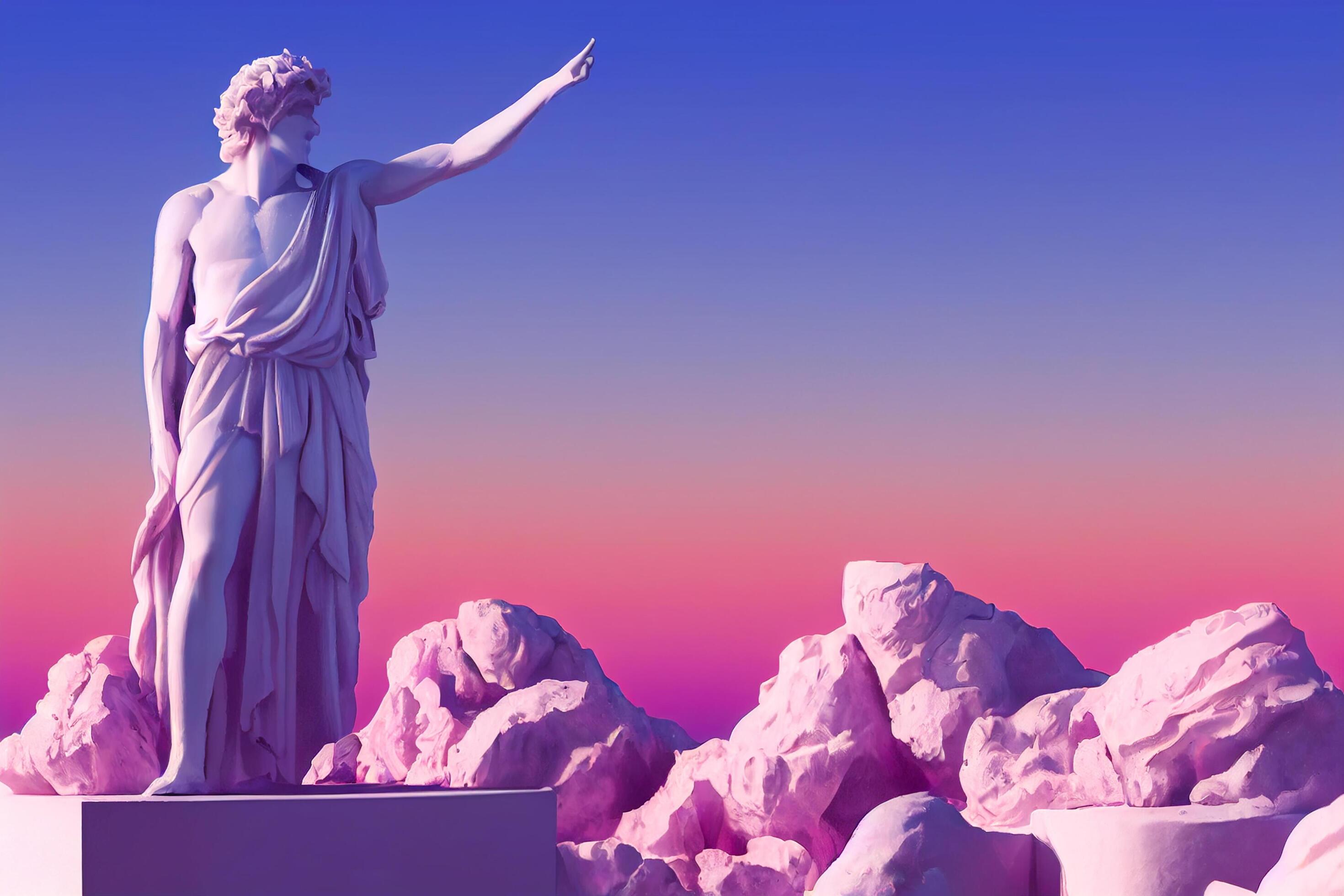 Greek god sculpture in retrowave city pop design, vaporwave style