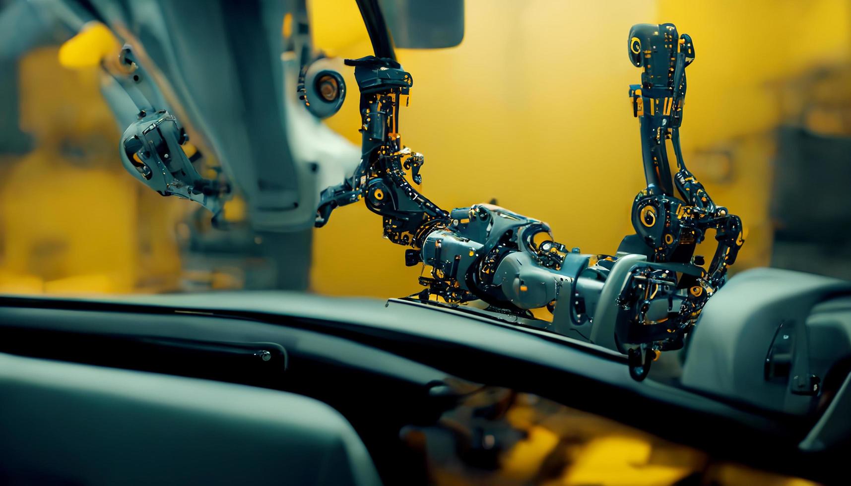 Industrial machine robotic arm automation in car and vehicle factory background, technology concept, digital art illustration photo