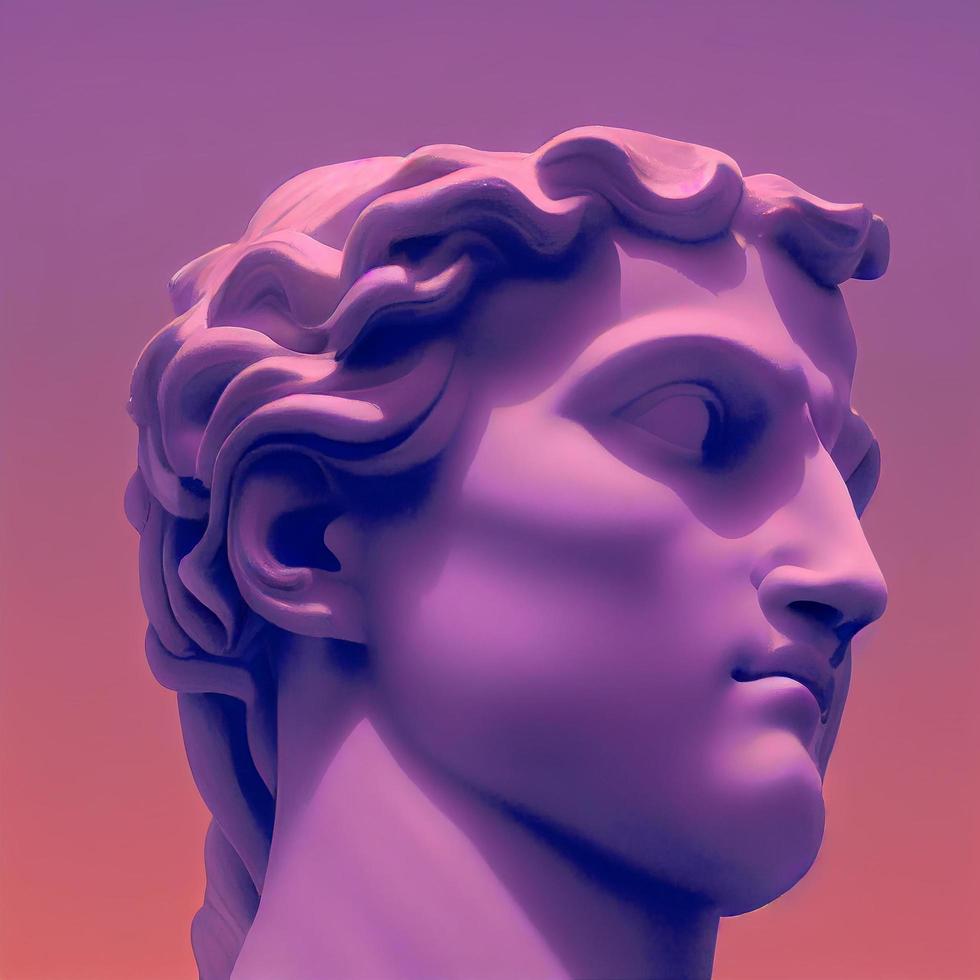 Greek god sculpture in retrowave city pop design, vaporwave style colors, 3d rendering photo