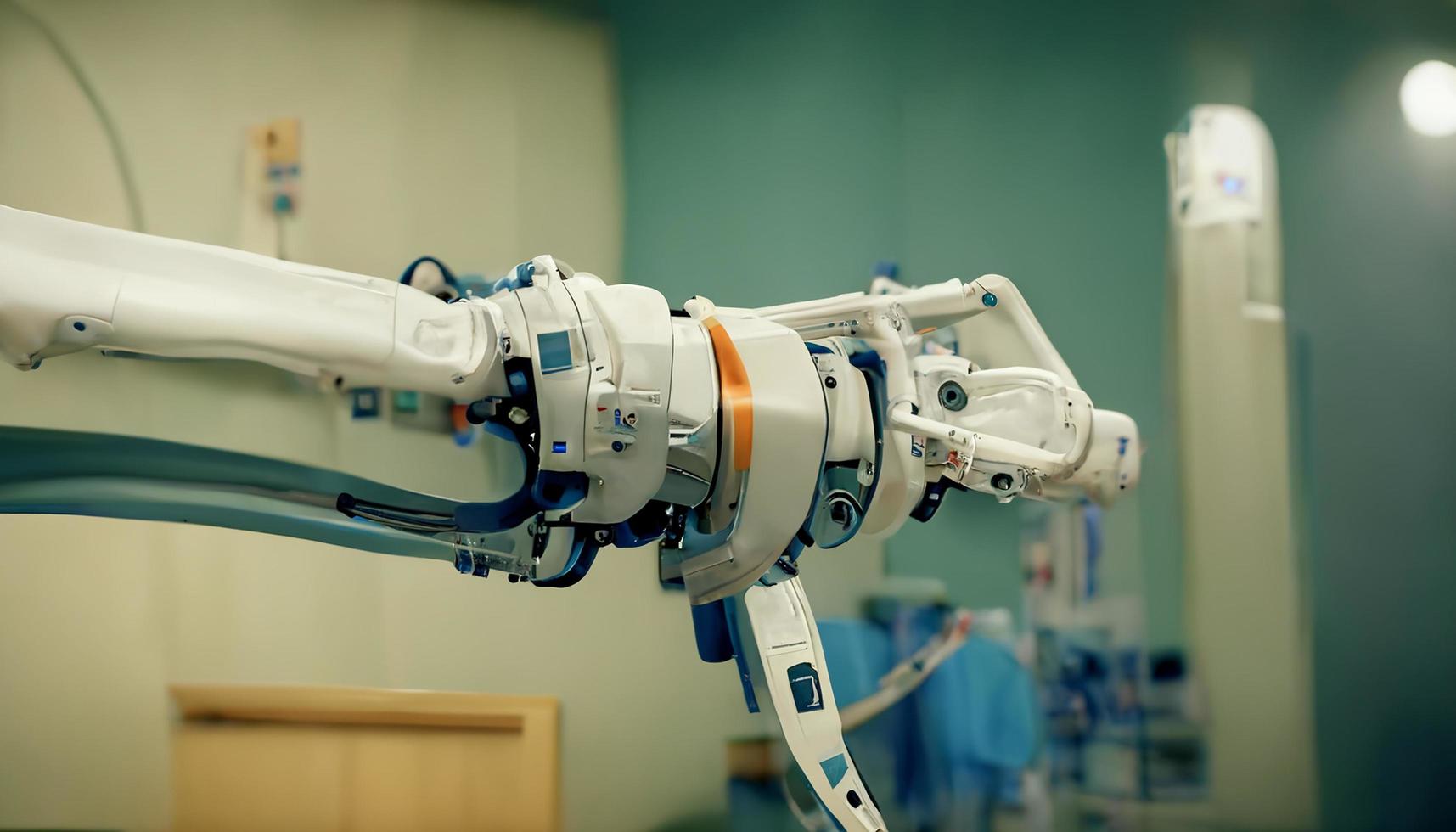 Representación 3d, brazo robótico de máquina médica en el fondo del hospital, tecnología y concepto de atención médica, ilustración de arte digital foto