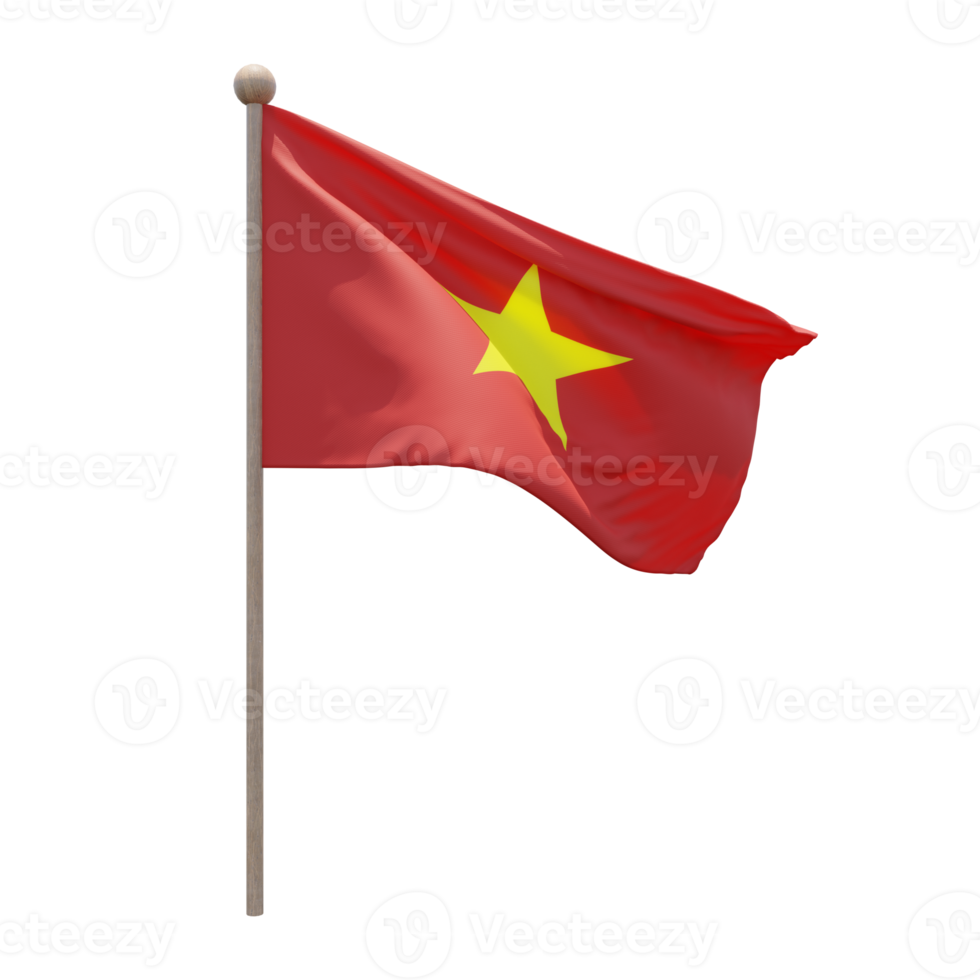 Vietnam 3d illustration flag on pole. Wood flagpole png