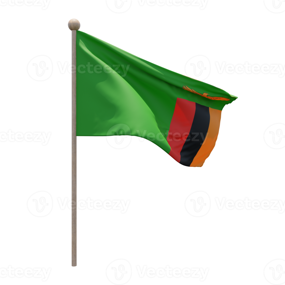 Zambia 3d illustration flag on pole. Wood flagpole png