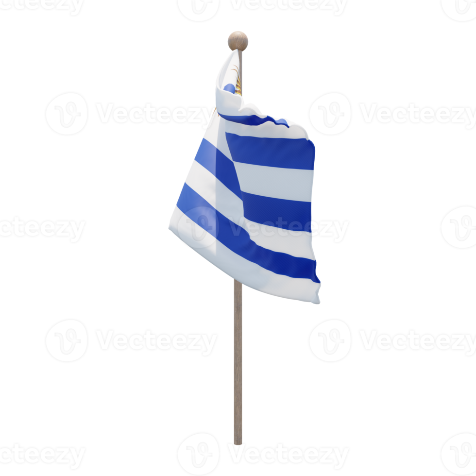 Uruguay 3d illustration flag on pole. Wood flagpole png