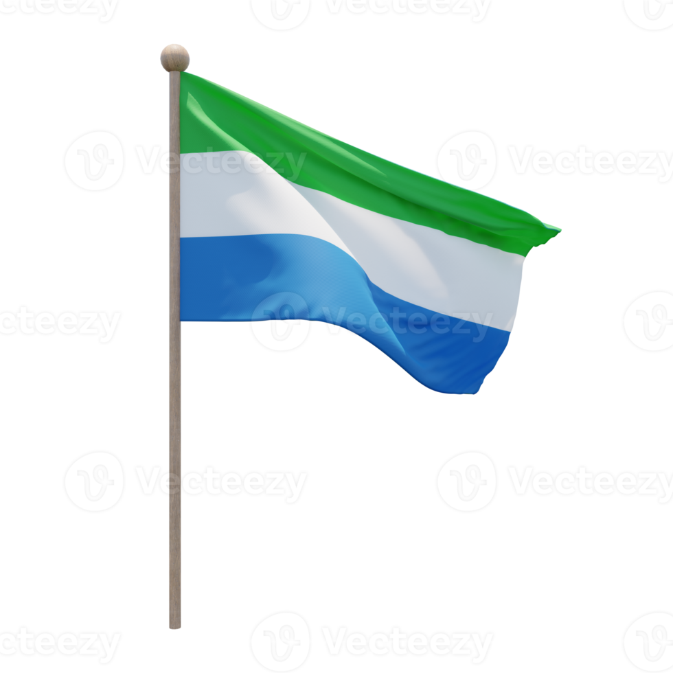 Sierra Leone 3d illustration flag on pole. Wood flagpole png