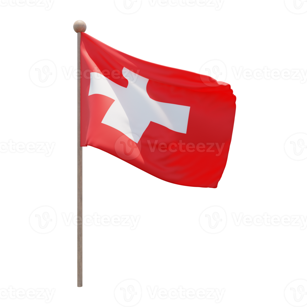 Switzerland 3d illustration flag on pole. Wood flagpole png