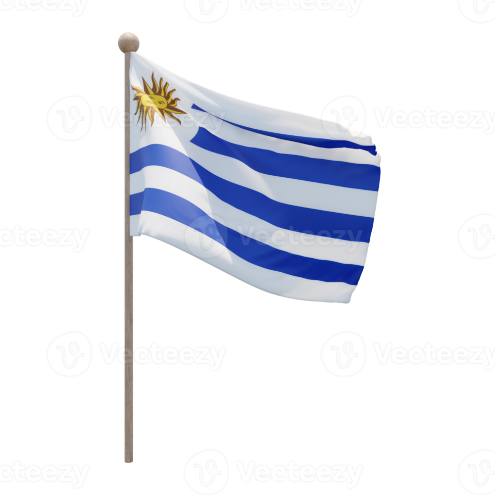 Uruguay 3d illustration flag on pole. Wood flagpole png