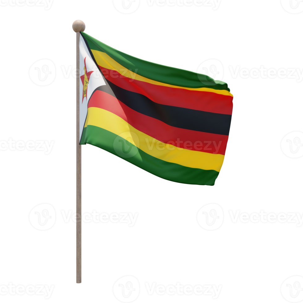 Zimbabwe 3d illustration flag on pole. Wood flagpole png