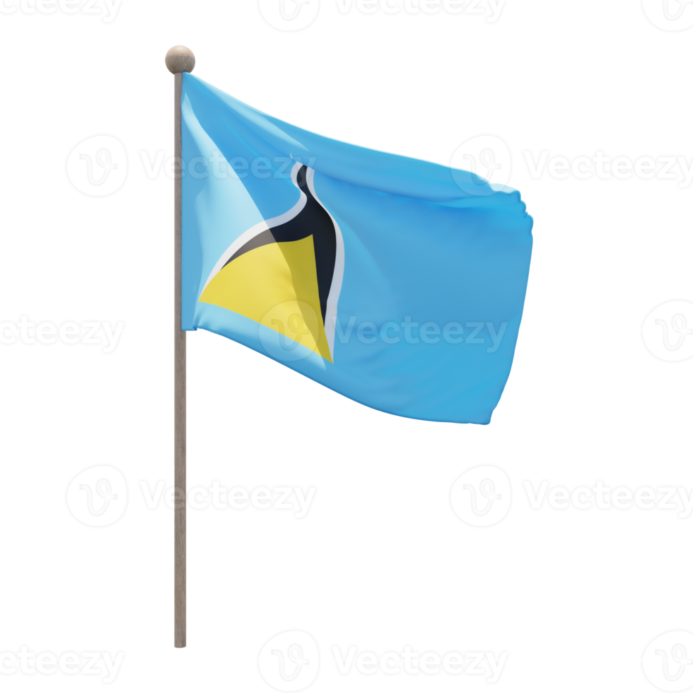 Saint Lucia 3d illustration flag on pole. Wood flagpole png