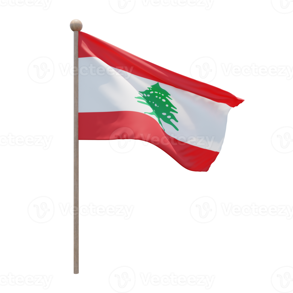 Lebanon 3d illustration flag on pole. Wood flagpole png