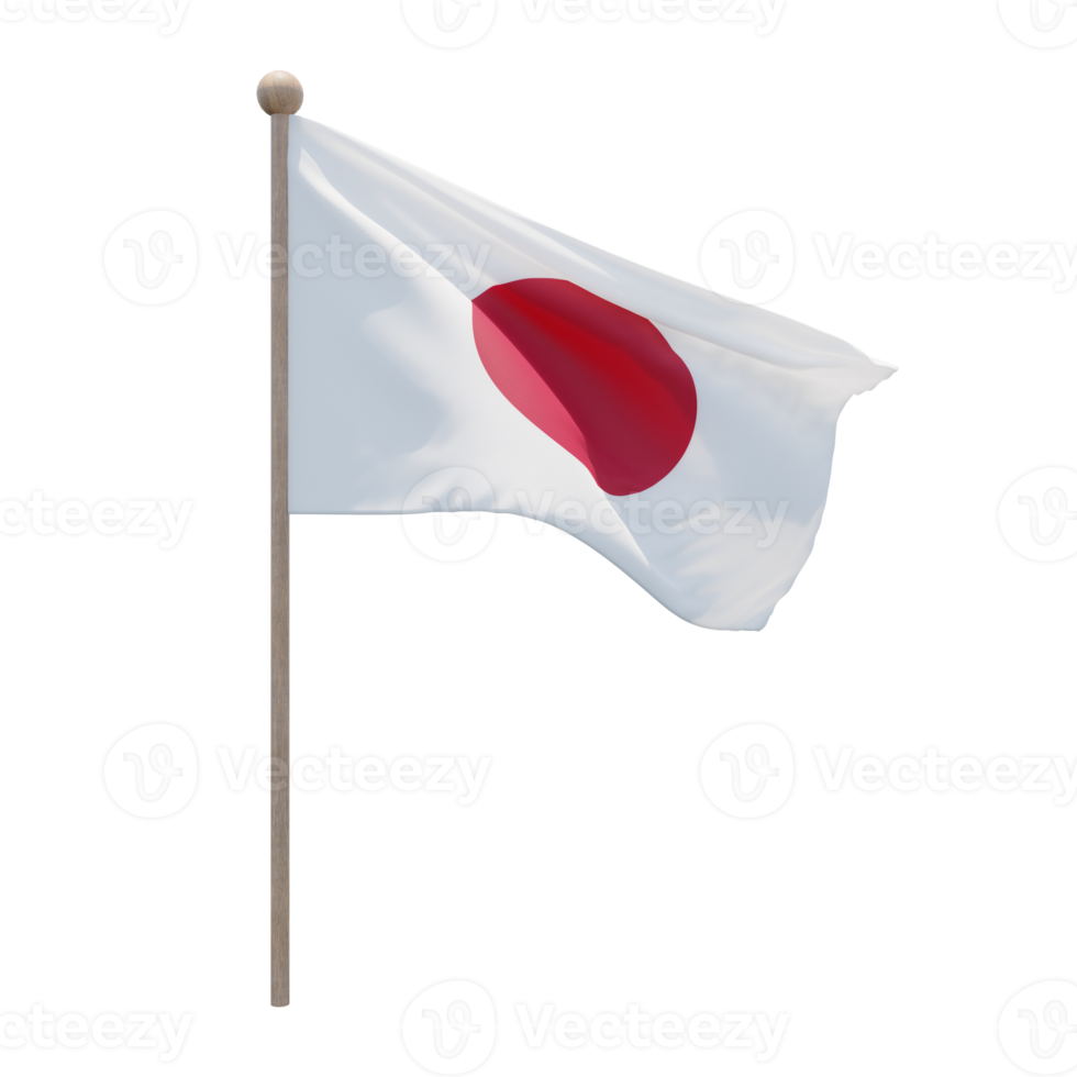 Japan 3d illustration flag on pole. Wood flagpole png