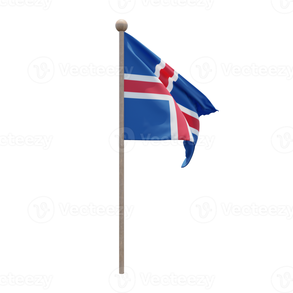 Island 3D-Darstellung Flagge auf der Stange. Fahnenmast aus Holz png