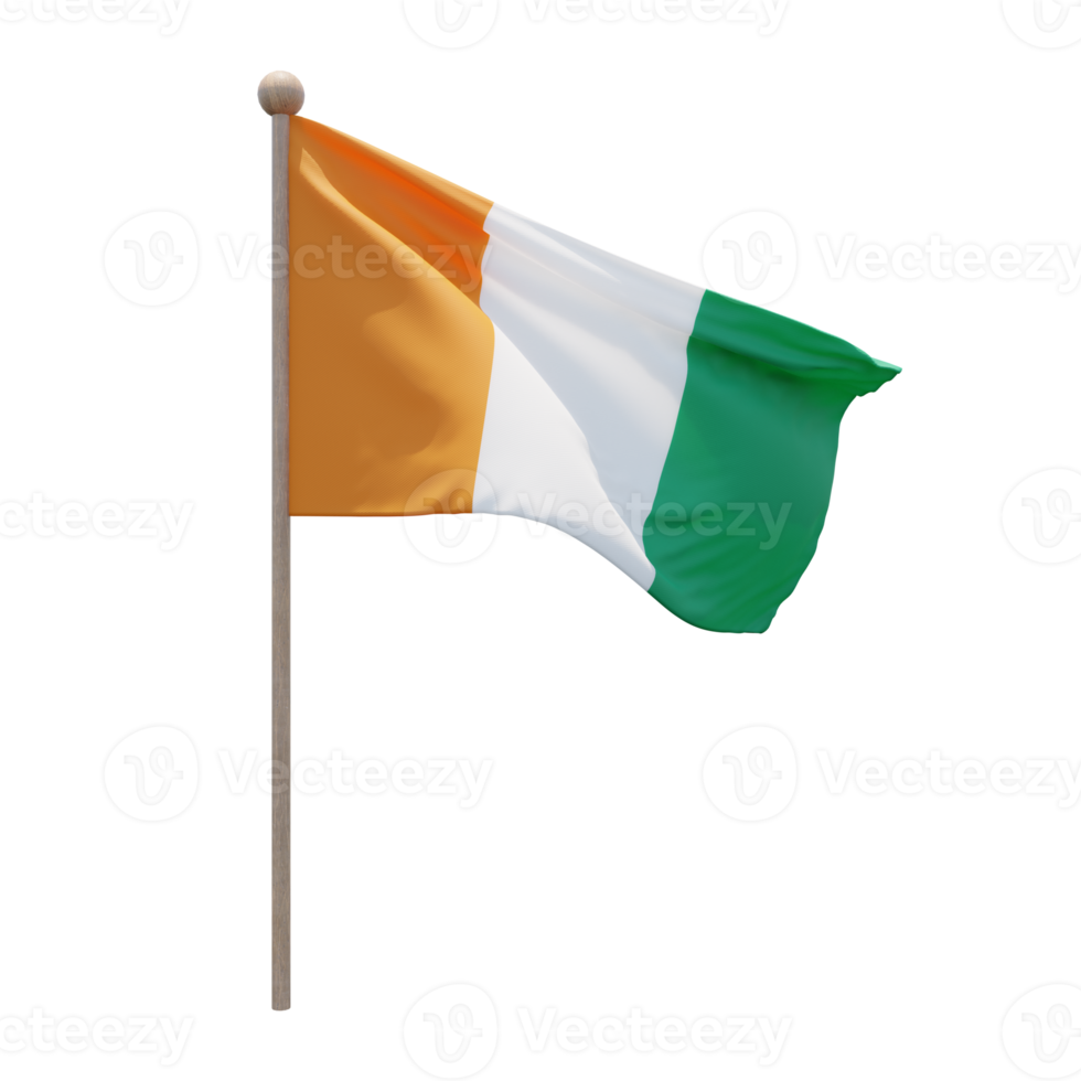 Ivory Coast 3d illustration flag on pole. Wood flagpole png