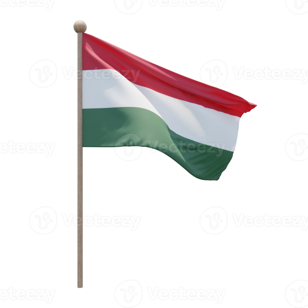 Hungary 3d illustration flag on pole. Wood flagpole png