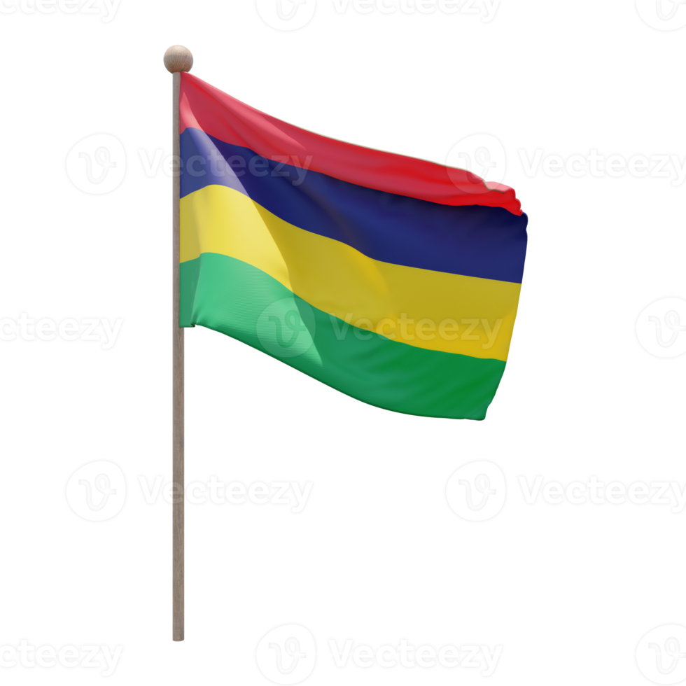 Mauritius 3d illustration flag on pole. Wood flagpole png