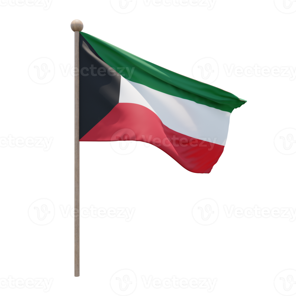 Kuwait 3d illustration flag on pole. Wood flagpole png