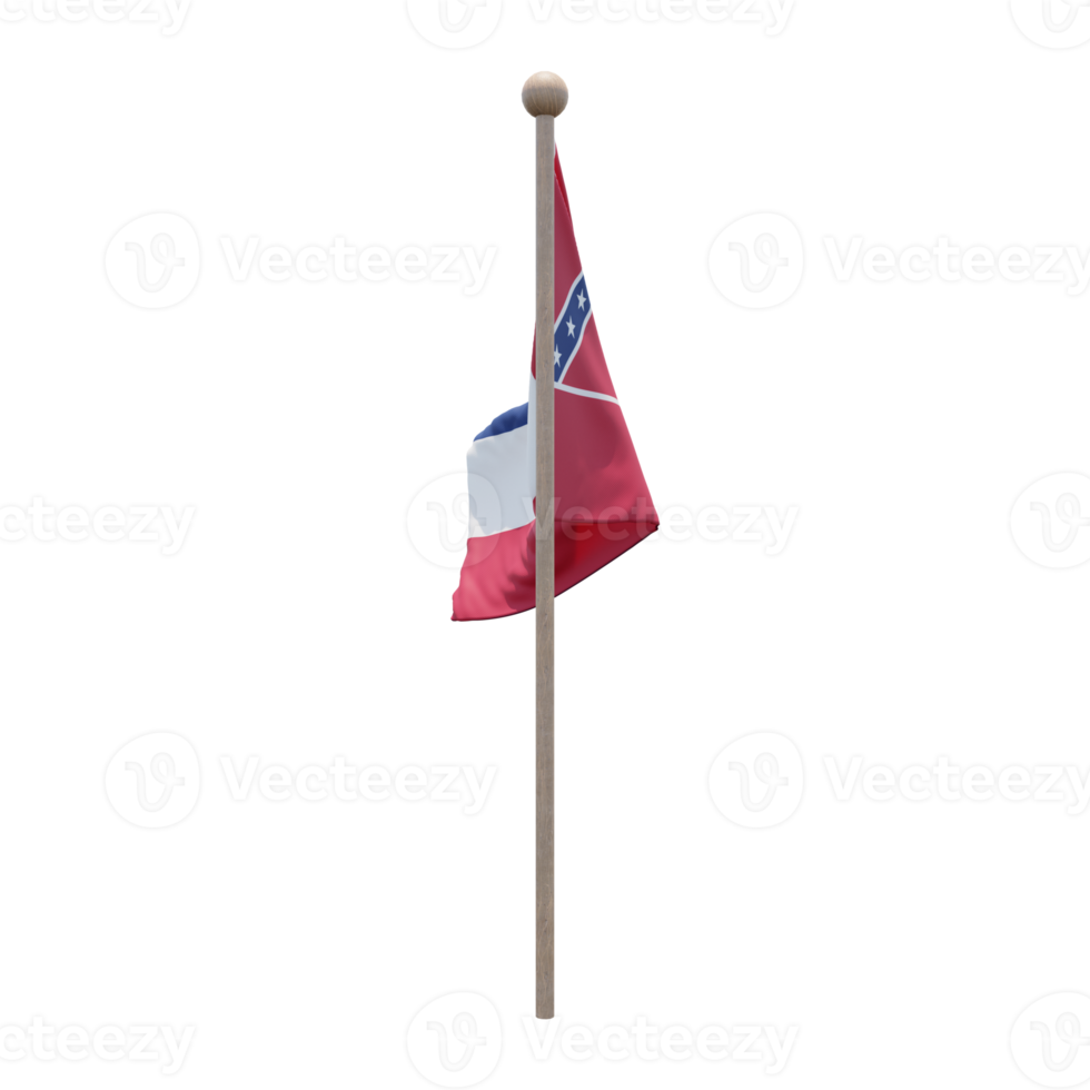 Mississippi 3d illustration flag on pole. Wood flagpole png