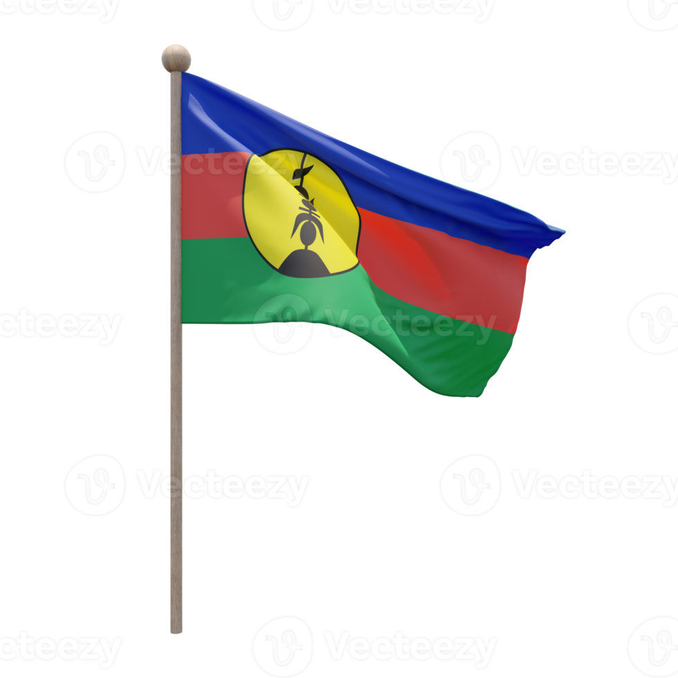 New Caledonia 3d illustration flag on pole. Wood flagpole png