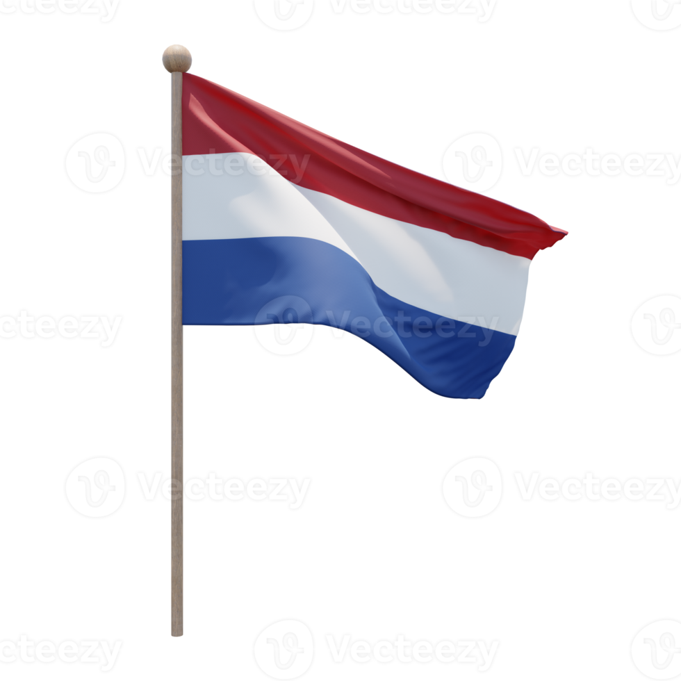 Netherlands 3d illustration flag on pole. Wood flagpole png