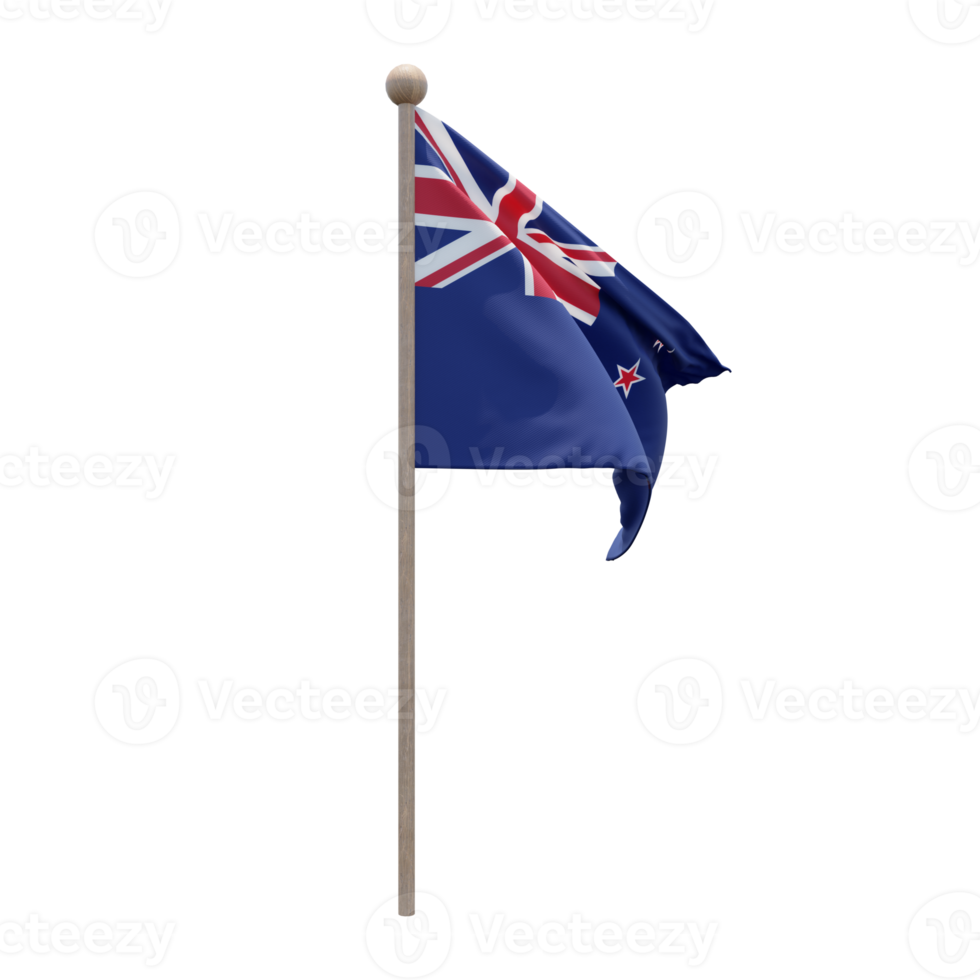 New Zealand 3d illustration flag on pole. Wood flagpole png