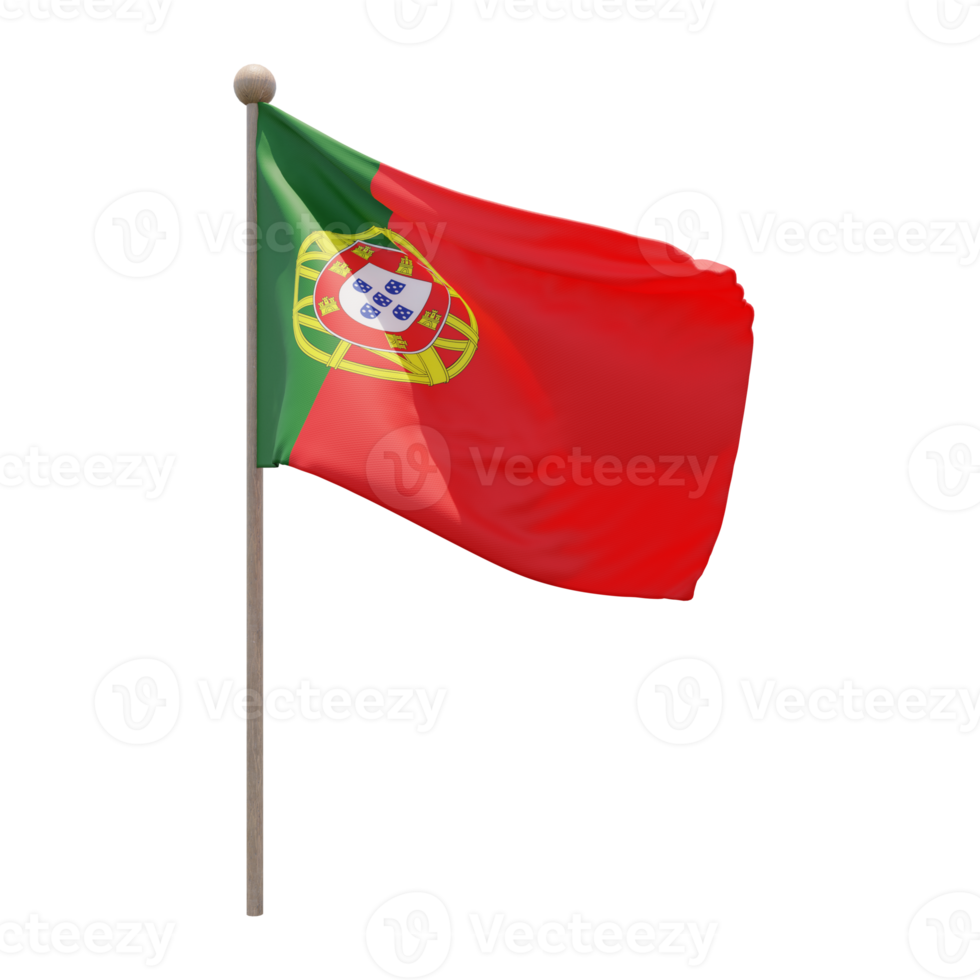 Portugal 3d illustration flag on pole. Wood flagpole png