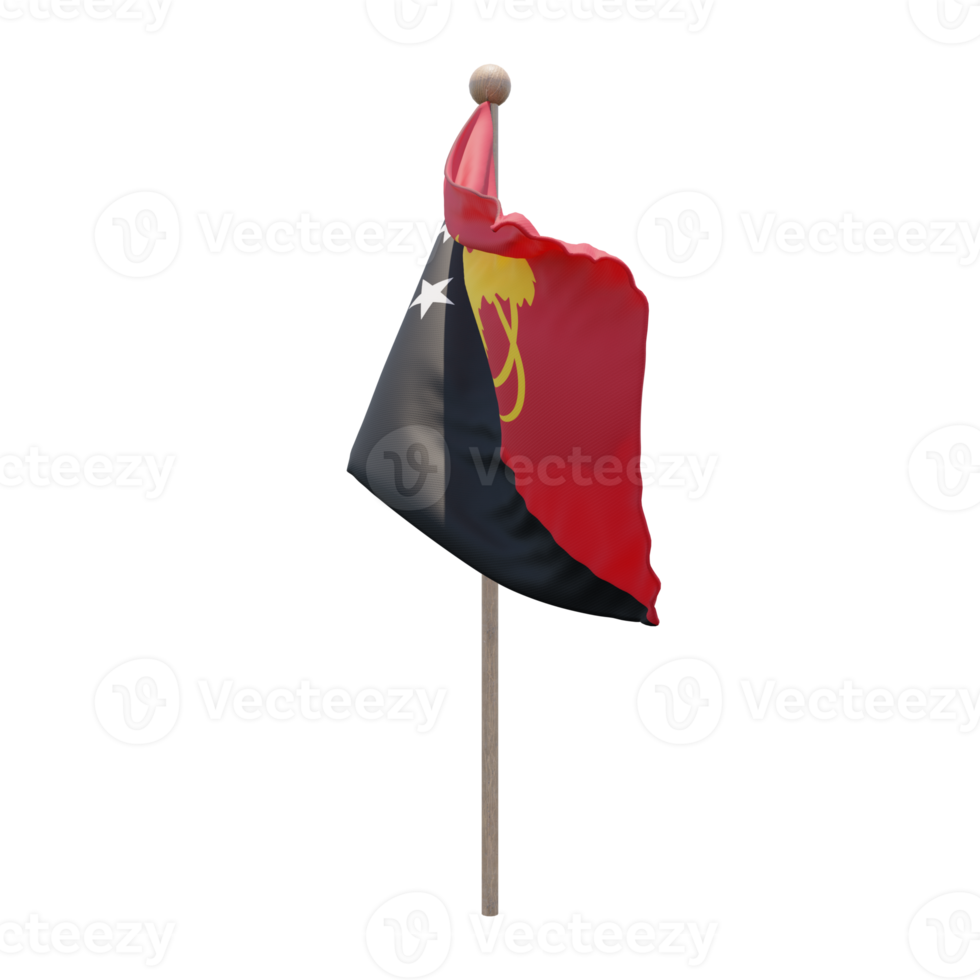 Papua New Guinea 3d illustration flag on pole. Wood flagpole png
