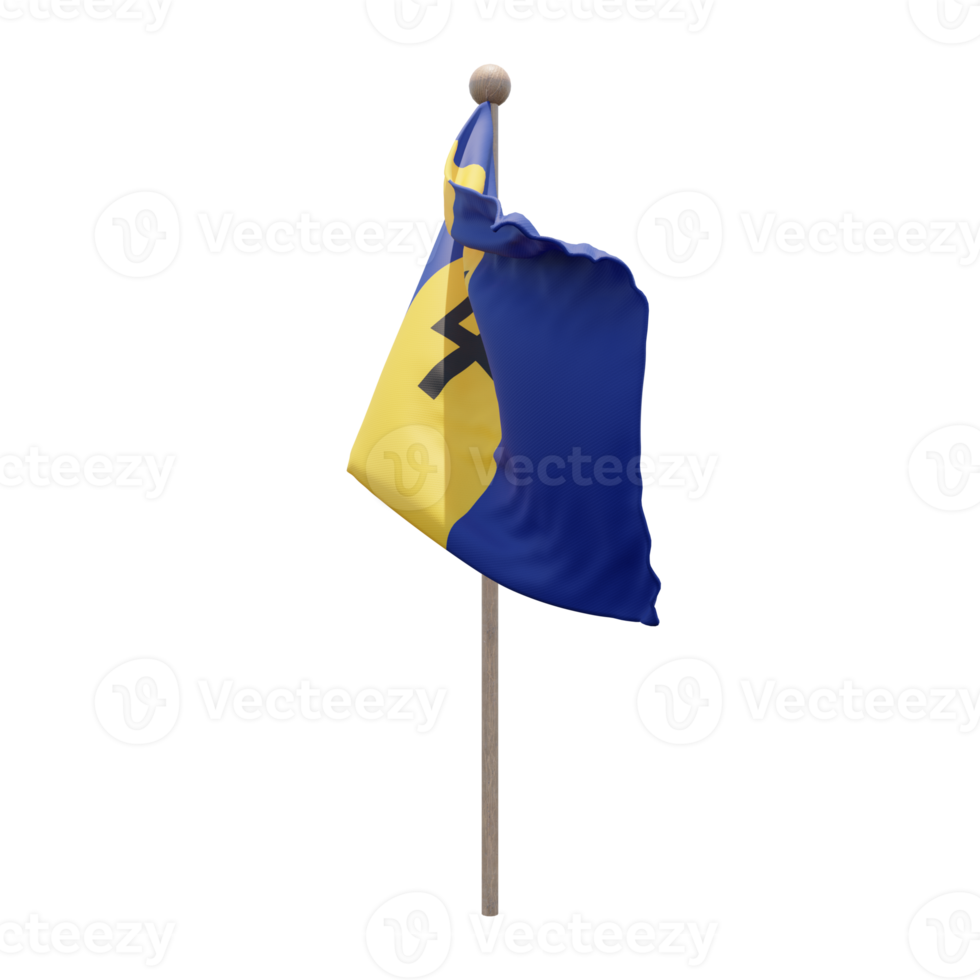 Barbados 3d illustration flag on pole. Wood flagpole png