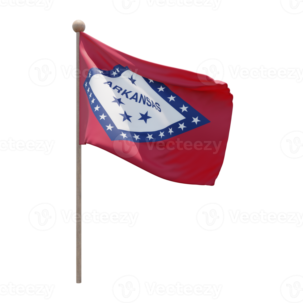 Arkansas 3d illustration flag on pole. Wood flagpole png