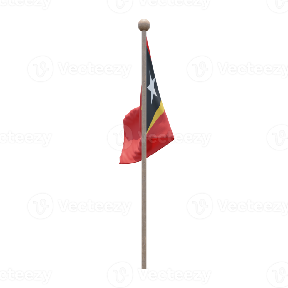 East Timor 3d illustration flag on pole. Wood flagpole png