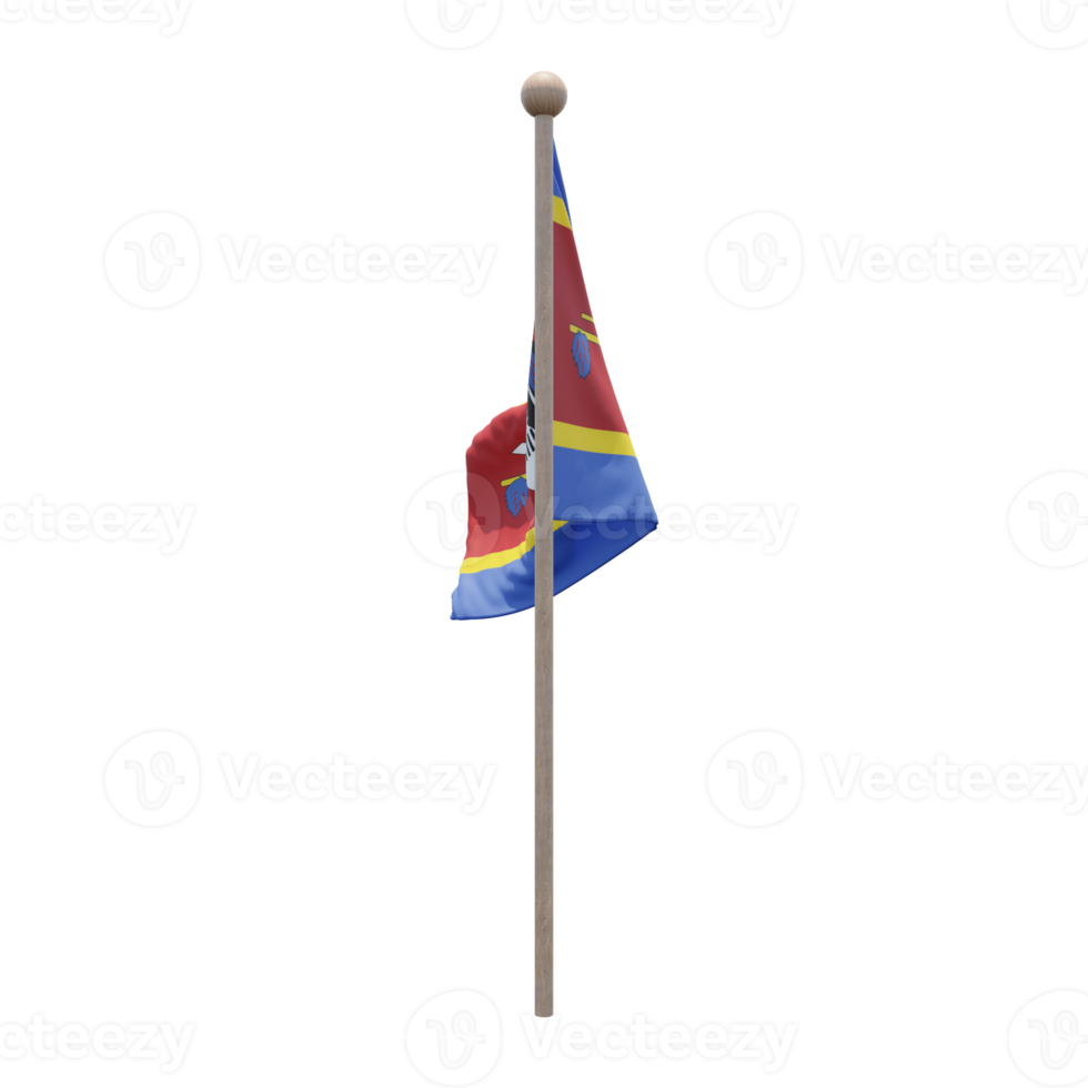 Eswatini 3d illustration flag on pole. Wood flagpole png