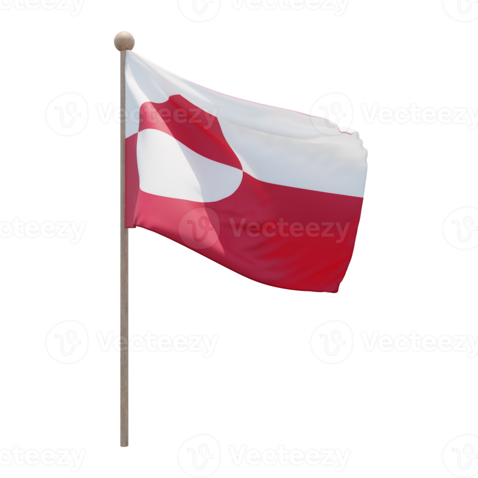 Greenland 3d illustration flag on pole. Wood flagpole png