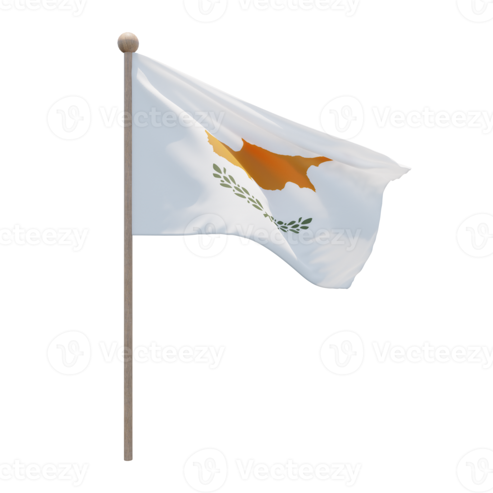 Cyprus 3d illustration flag on pole. Wood flagpole png