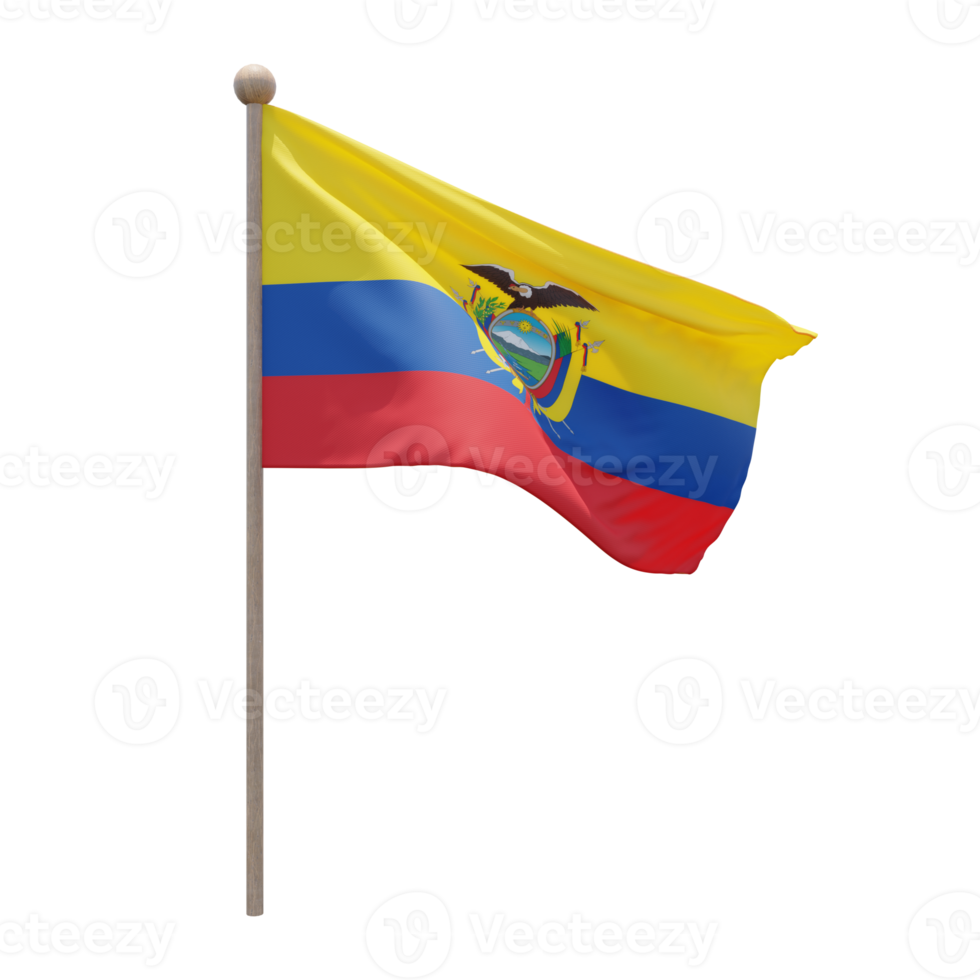 Ecuador 3d illustration flag on pole. Wood flagpole png